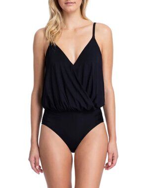 Gottex Lattice Surplice Blouson Underwire One Piece Swimsuit Black Size 8 NWT